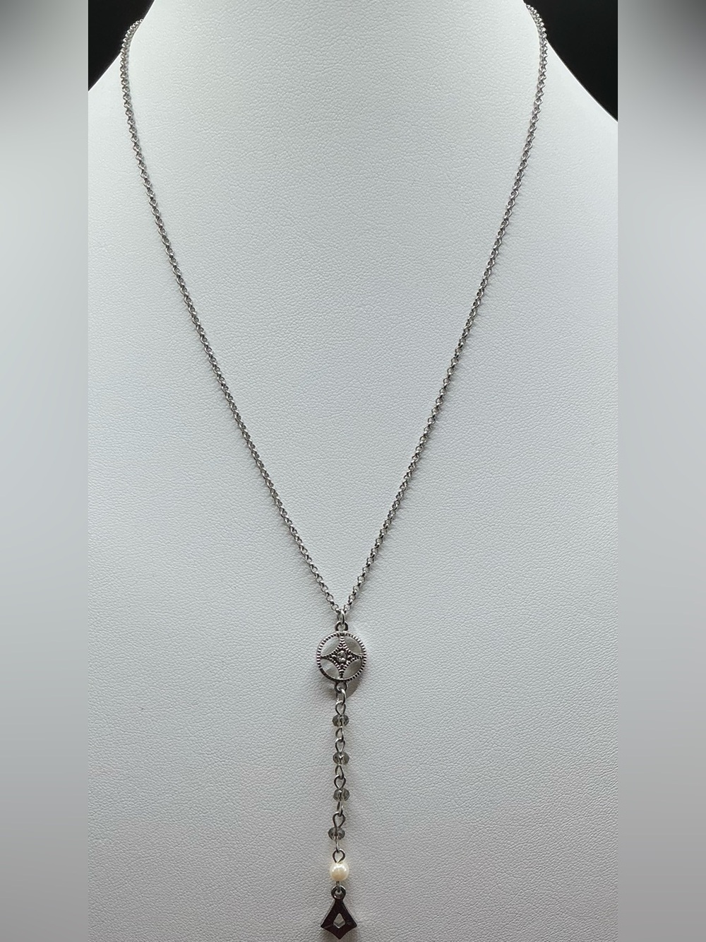 CHARMING CHARLIE SILVER TONE LARIAT NECKLACE FAUX PEARL RHINESTONE